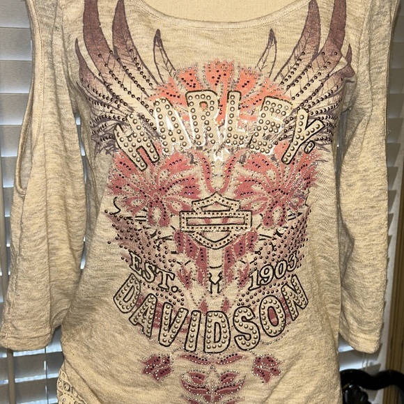 Harley-Davidson Tops - Harley-Davidson Cream and Pink Embellished Cold-Shoulder Top